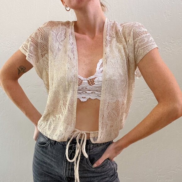 Vintage Metallic Lace Open Front Tie Top - Picture 1 of 5